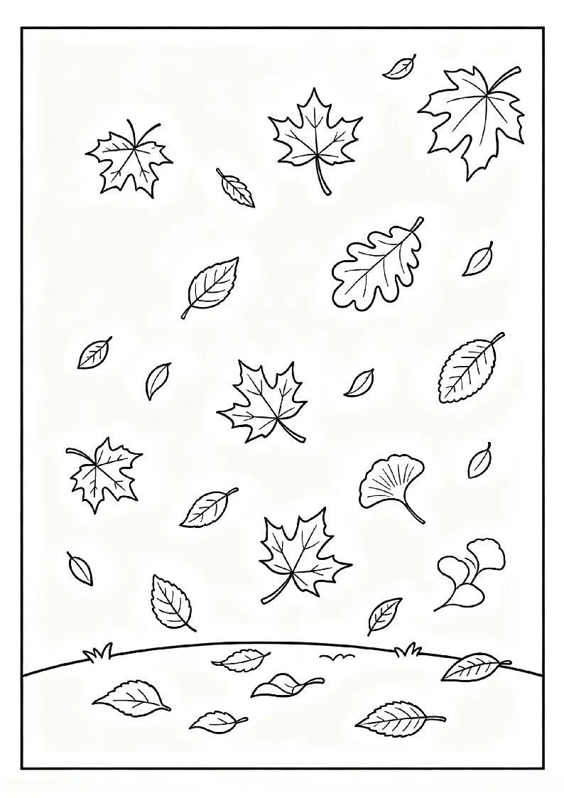 Maple Leaves Falling in the Breeze coloring page, black outline drawing ready to print