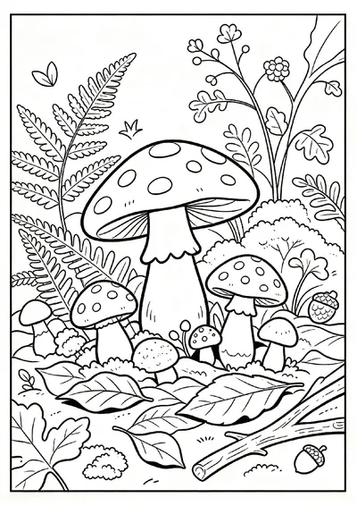 Mushrooms and Fallen Leaves on the Forest Floor coloring page