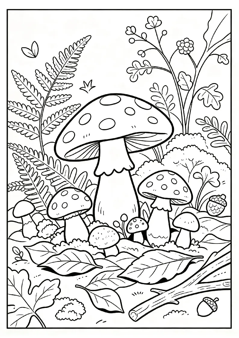 Mushrooms and Fallen Leaves on the Forest Floor coloring page, black outline drawing ready to print