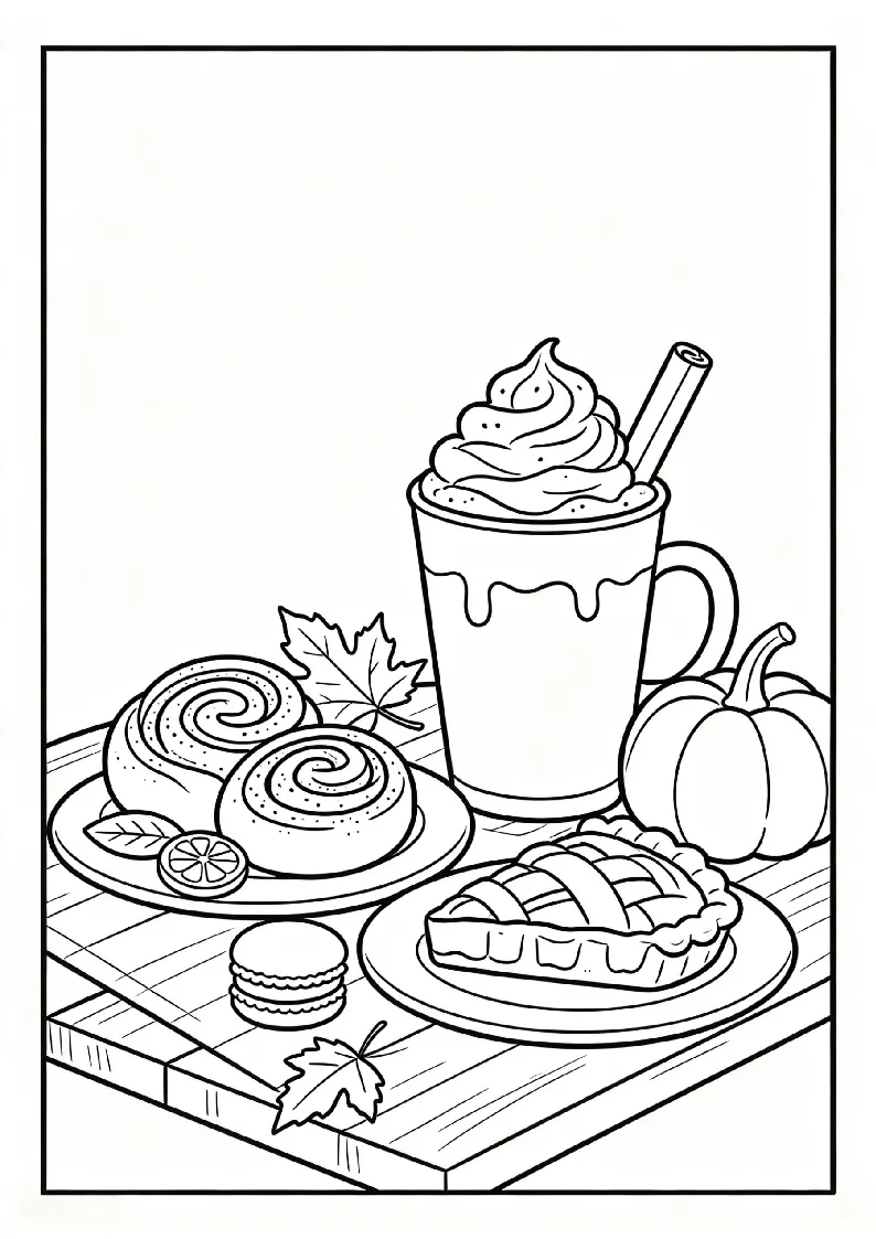 Pumpkin Spice Latte and Fall Pastries coloring page, black outline drawing ready to print