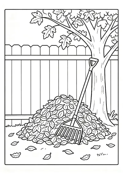Rake and Leaf Pile in the Backyard coloring page
