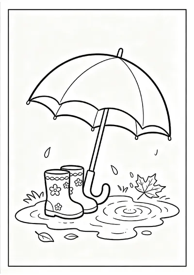 Rubber Boots and Umbrella in Rain Puddles coloring page