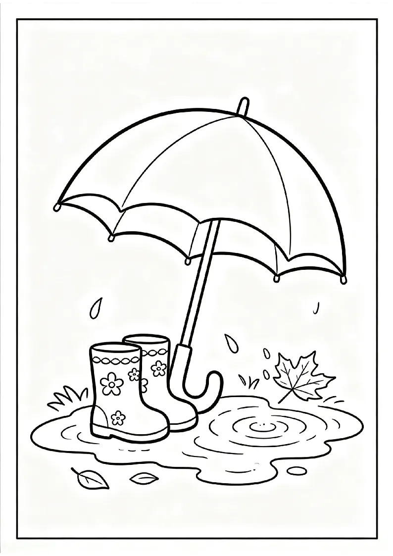 Rubber Boots and Umbrella in Rain Puddles coloring page, black outline drawing ready to print
