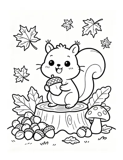 Cheeky Squirrel With Acorns on a Stump coloring page