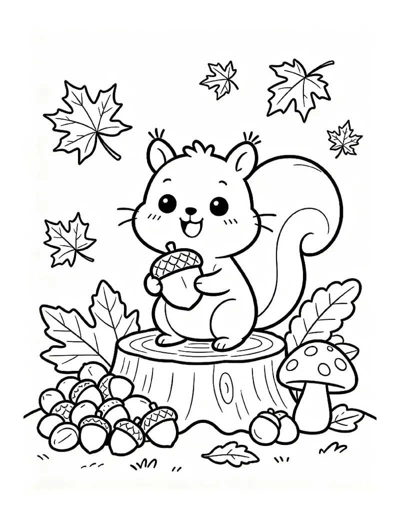 Cheeky Squirrel With Acorns on a Stump coloring page, black outline drawing ready to print