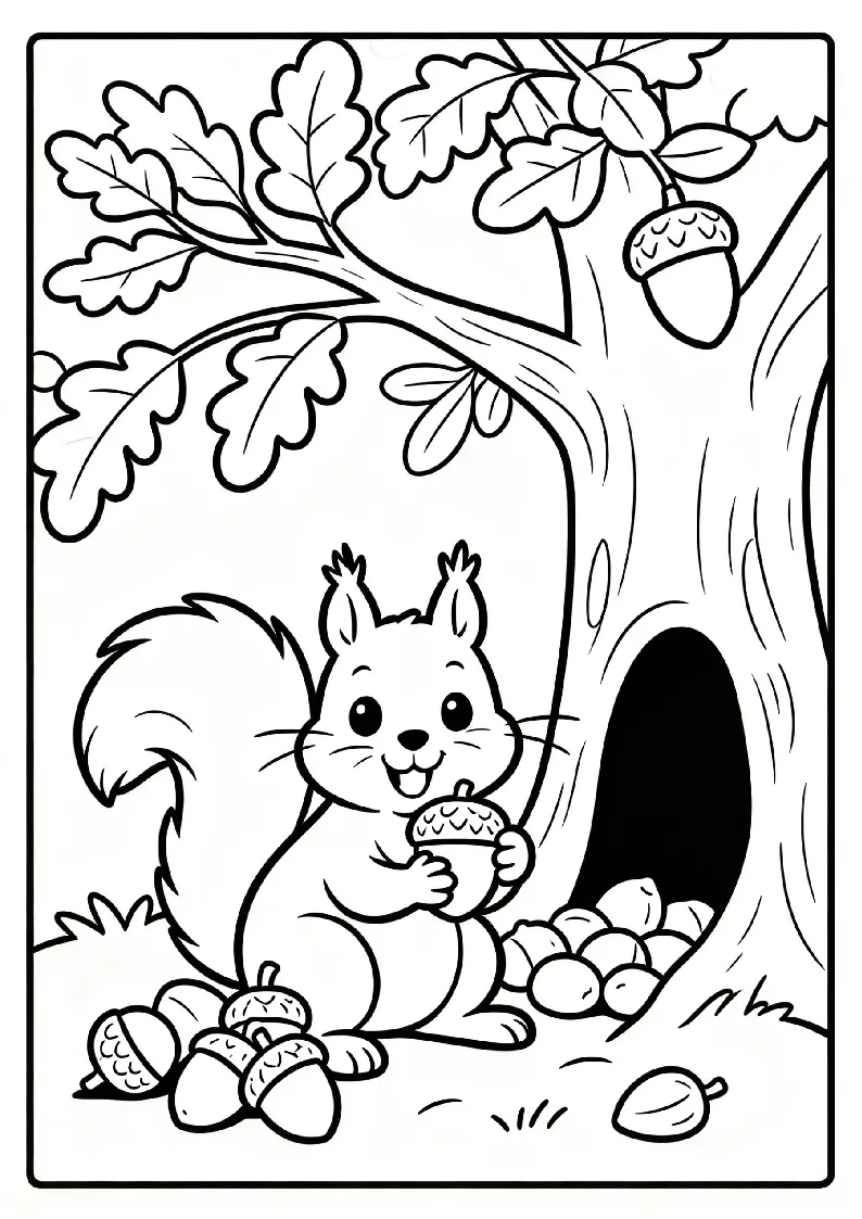 Squirrel Gathering Acorns coloring page, black outline drawing ready to print