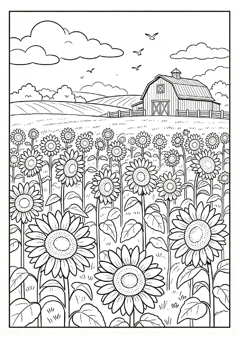 Sunflower Field in Late Harvest coloring page, black outline drawing ready to print