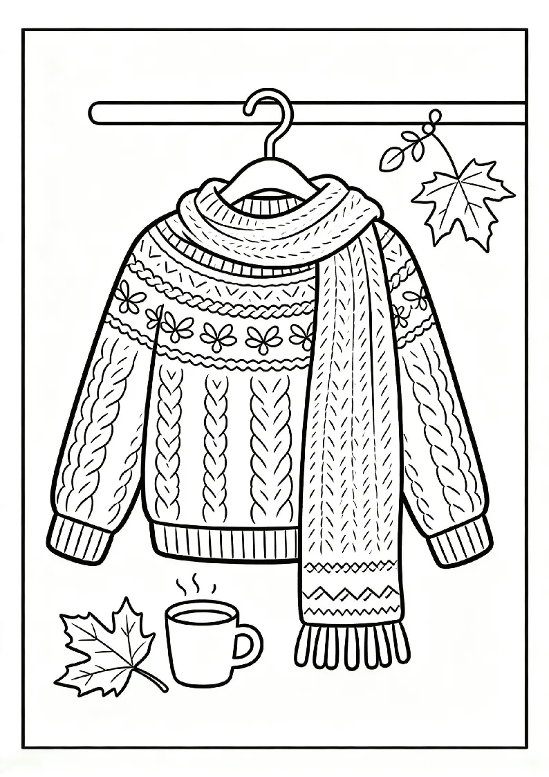 Fall Sweater Weather with Warm Scarf coloring page, black outline drawing ready to print