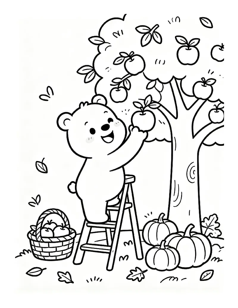 Bear Picking Apples From a Tree coloring page, black outline drawing ready to print