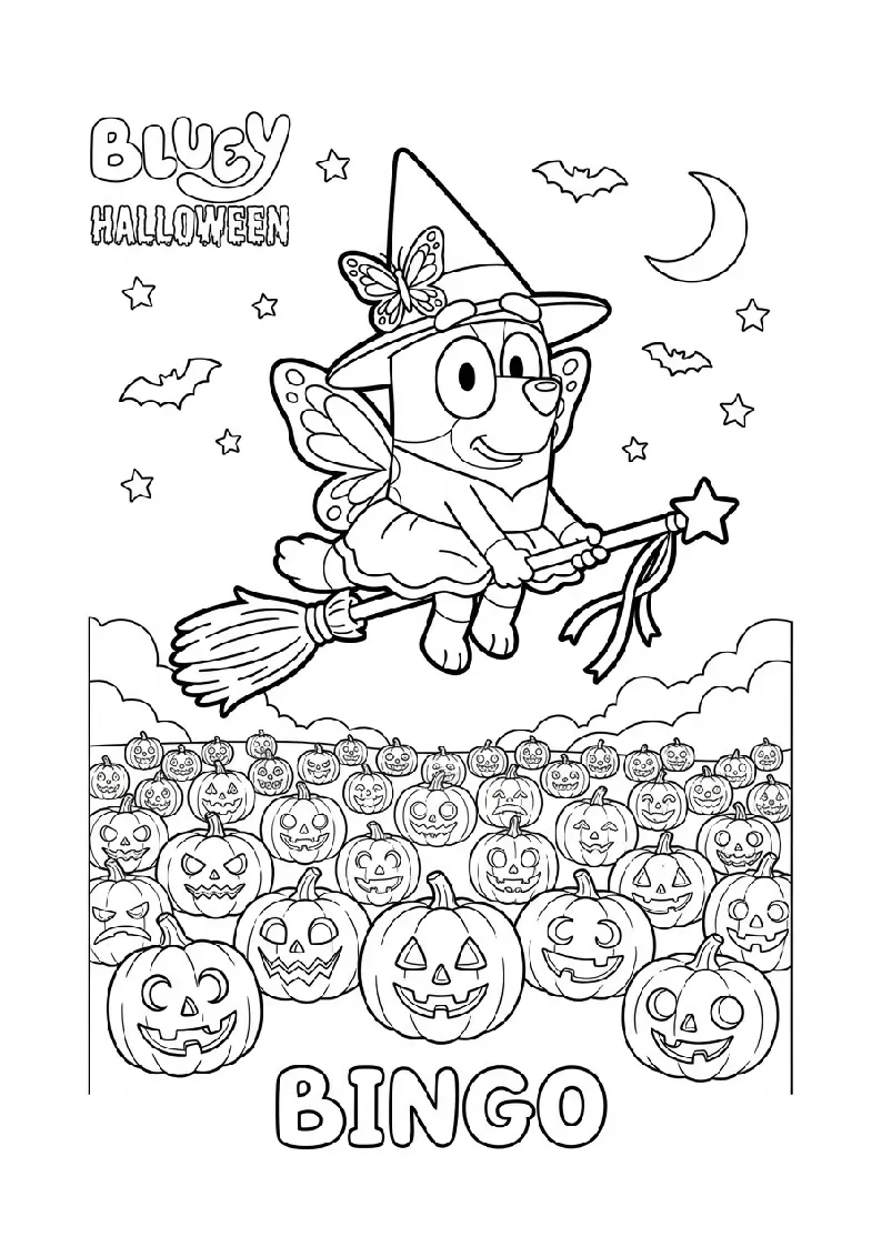 Bluey Halloween Bingo on a Broomstick coloring page, black outline drawing ready to print