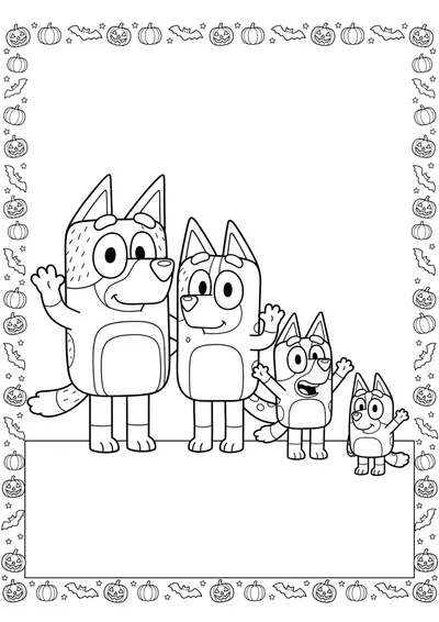 Bluey Halloween Family Coloring Page with Pumpkin Border coloring page