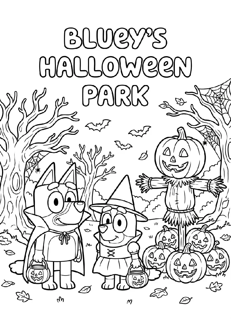 Bluey's Halloween Park Coloring Page coloring page, black outline drawing ready to print
