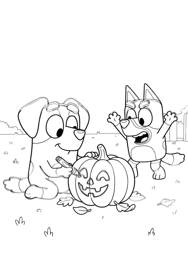 Carving a Jack O Lantern with a Friend coloring page, black outline drawing ready to print