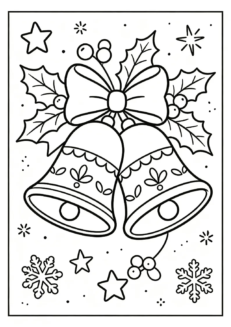 Christmas Bells and Holly coloring page, black outline drawing ready to print