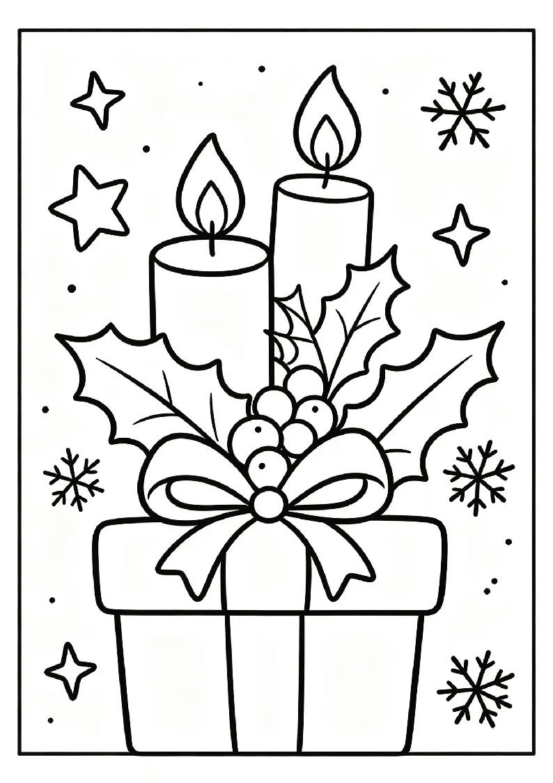 Christmas Candles and Holly coloring page, black outline drawing ready to print
