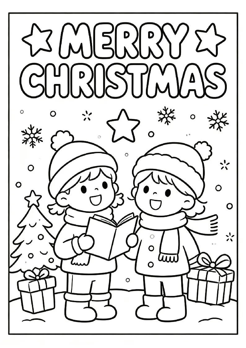 Christmas Carol Singers coloring page, black outline drawing ready to print