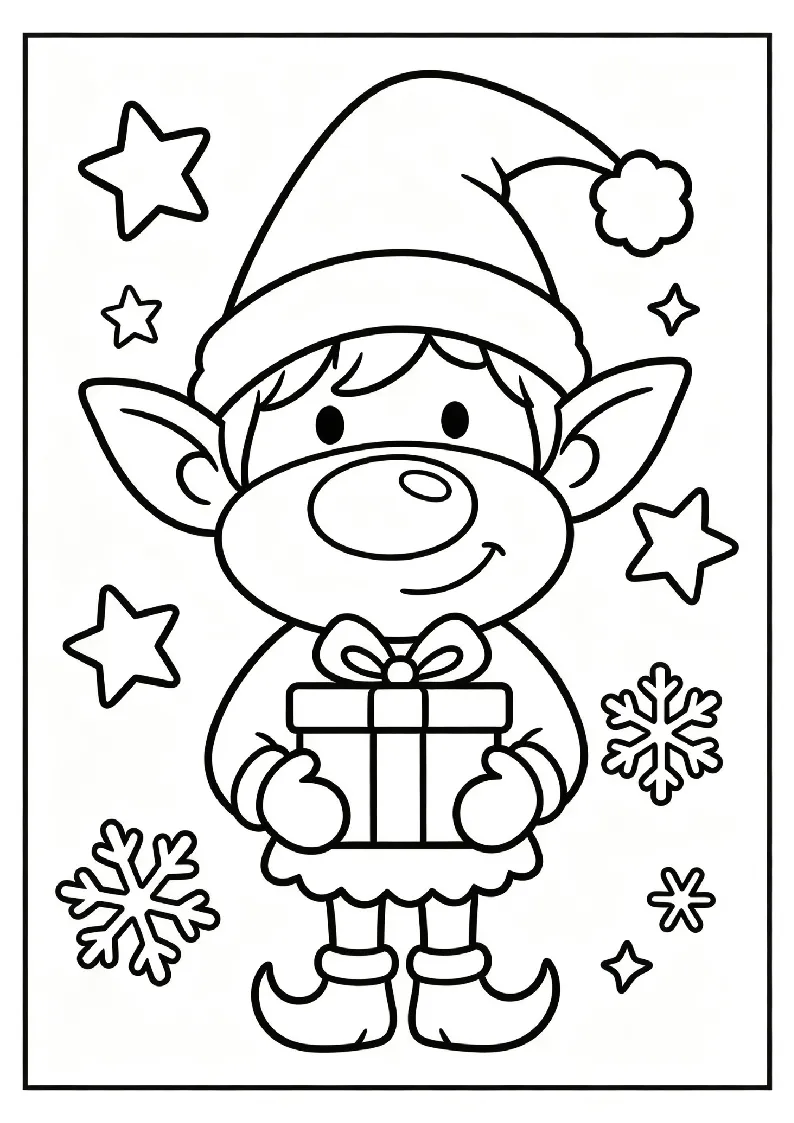 Cheerful Christmas Elf coloring page, black outline drawing ready to print