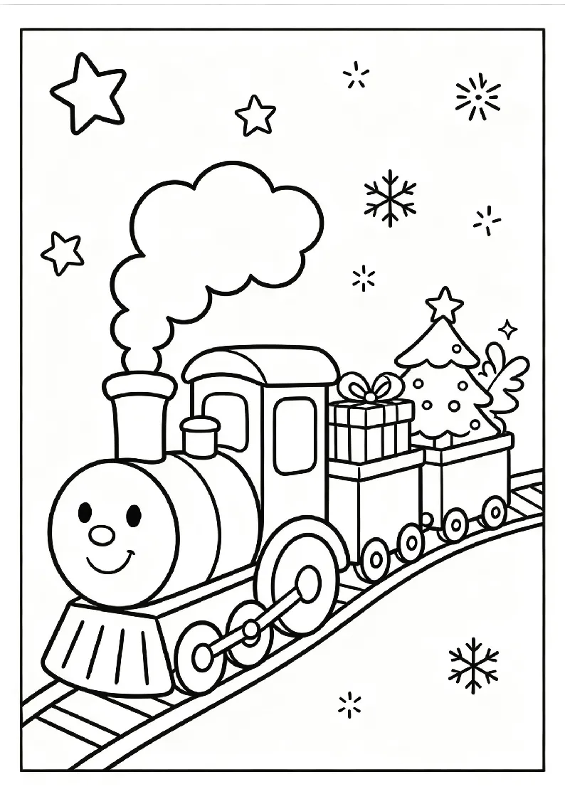 Christmas Train coloring page, black outline drawing ready to print