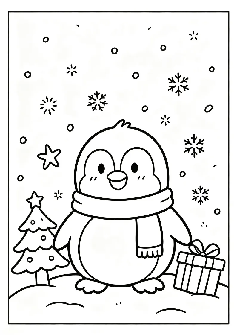 Cute Christmas Penguin coloring page, black outline drawing ready to print
