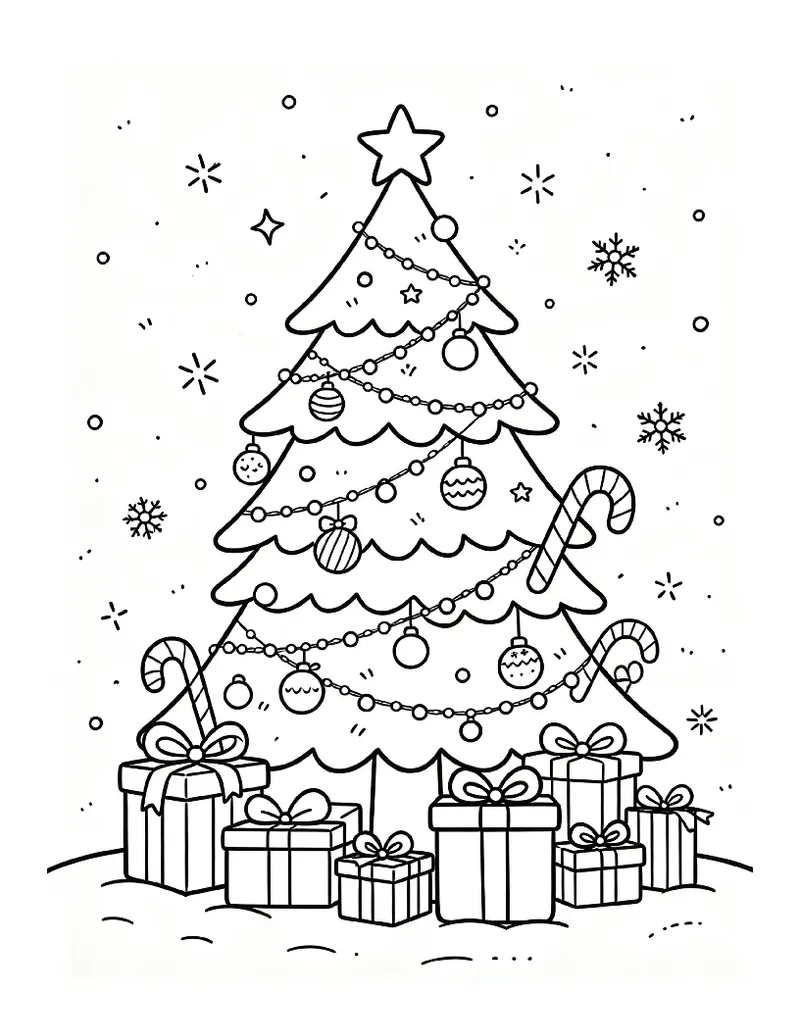 Decorated Christmas Tree With Gifts Underneath coloring page, black outline drawing ready to print