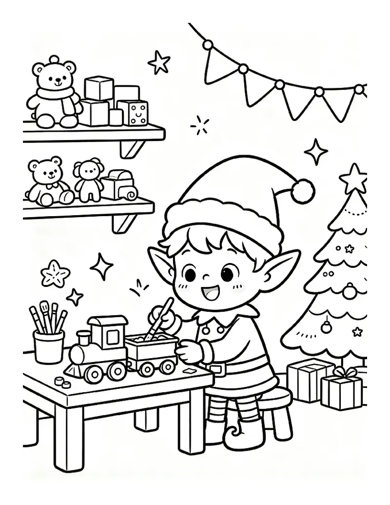 Christmas Elf Painting Toys in the Workshop coloring page, black outline drawing ready to print