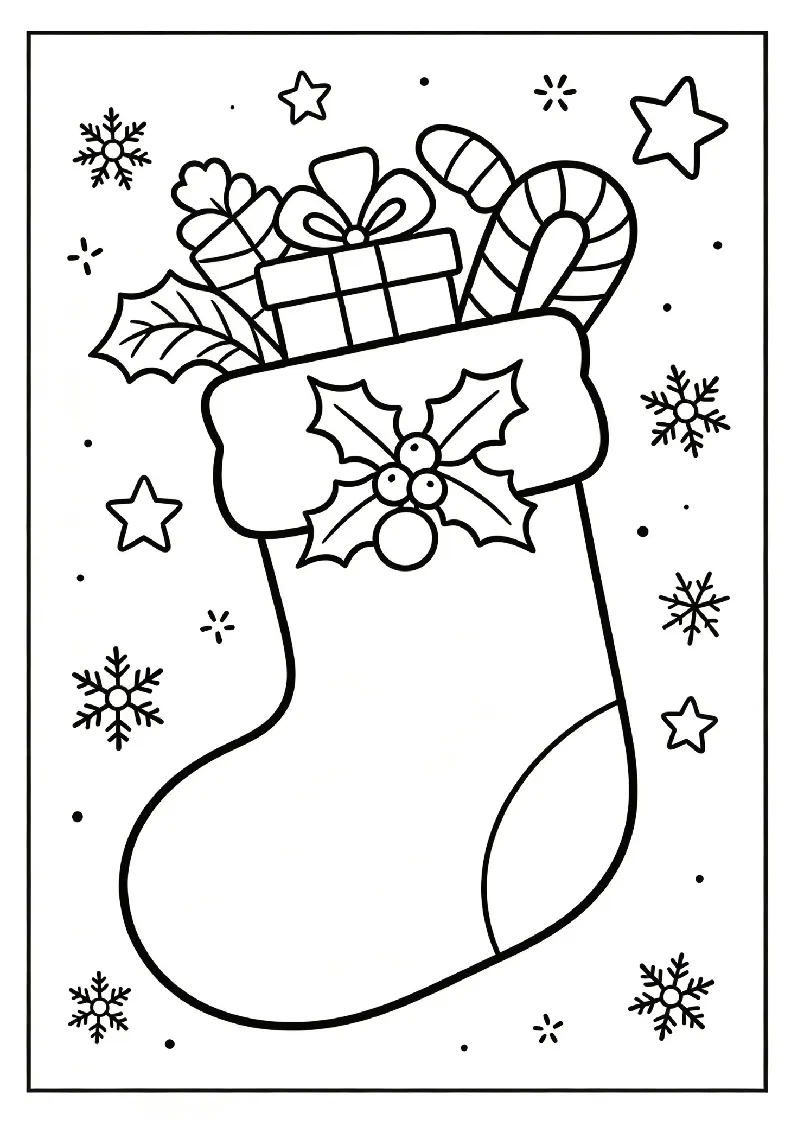 Festive Christmas Stocking coloring page, black outline drawing ready to print