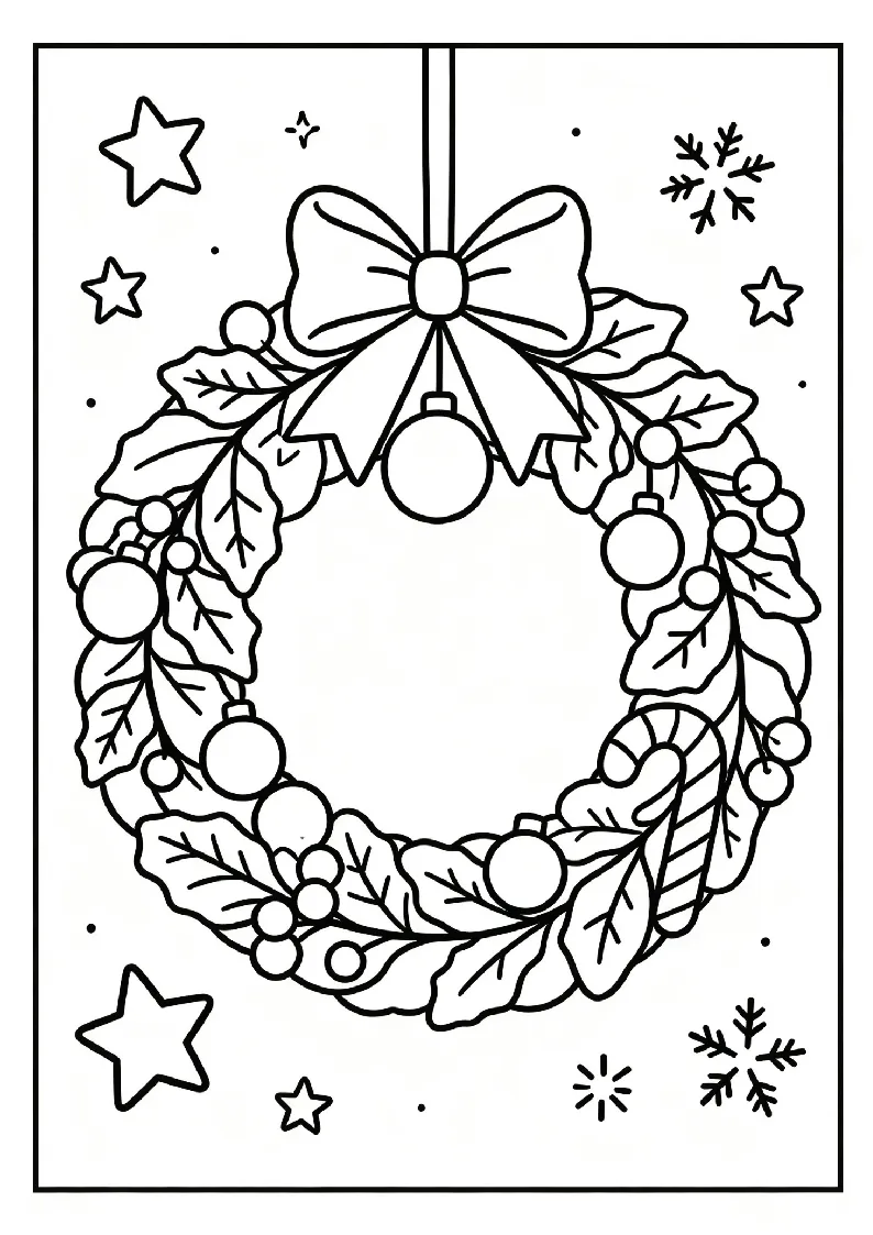 Festive Christmas Wreath coloring page, black outline drawing ready to print