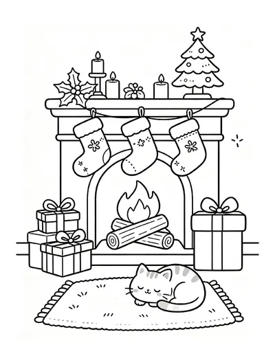 Cozy Fireplace With Stockings and a Sleeping Cat online coloring canvas