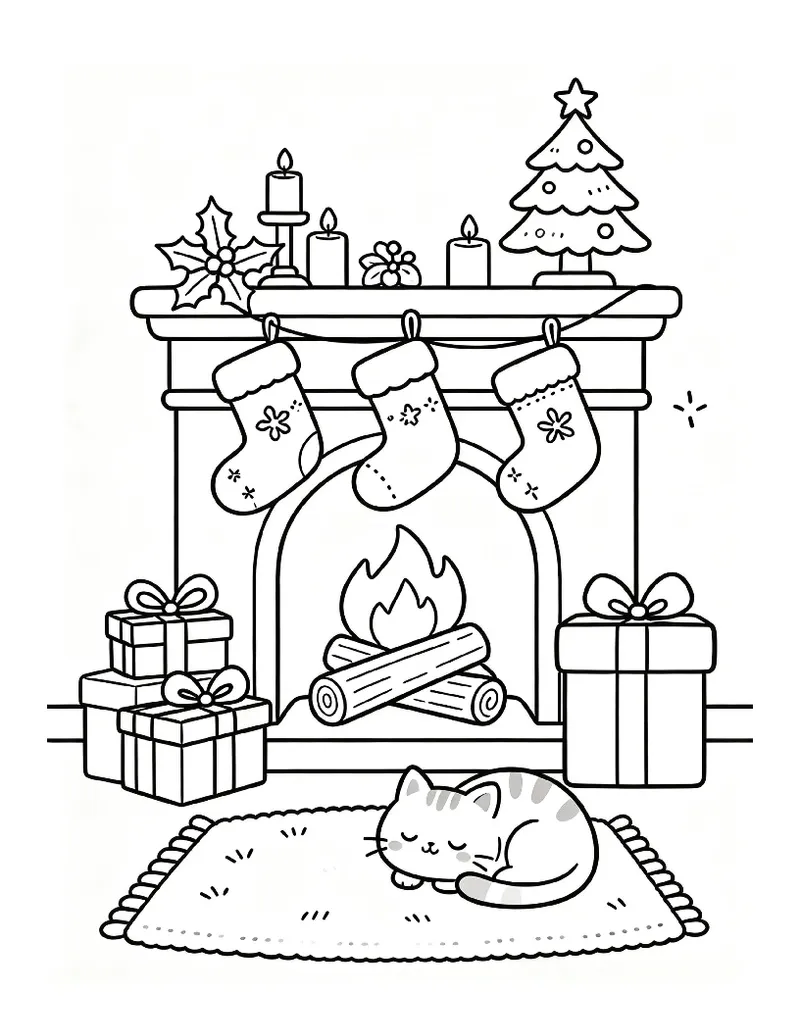 Cozy Fireplace With Stockings and a Sleeping Cat coloring page, black outline drawing ready to print