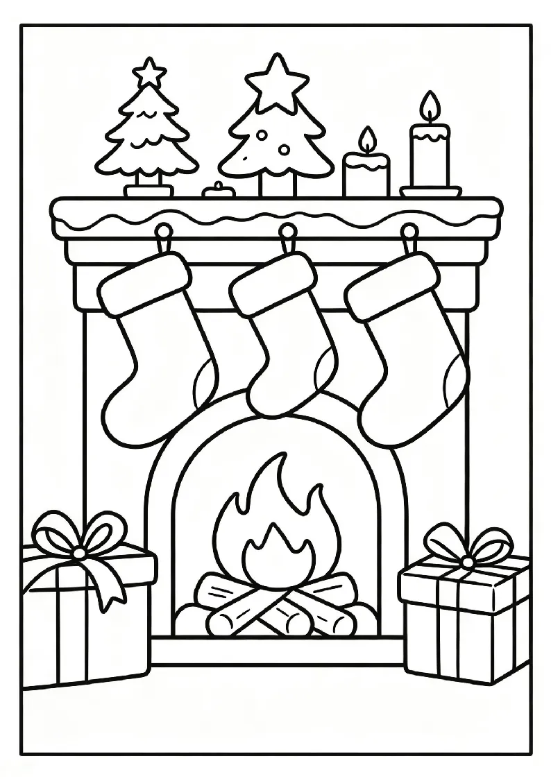 Fireplace With Christmas Stockings coloring page, black outline drawing ready to print