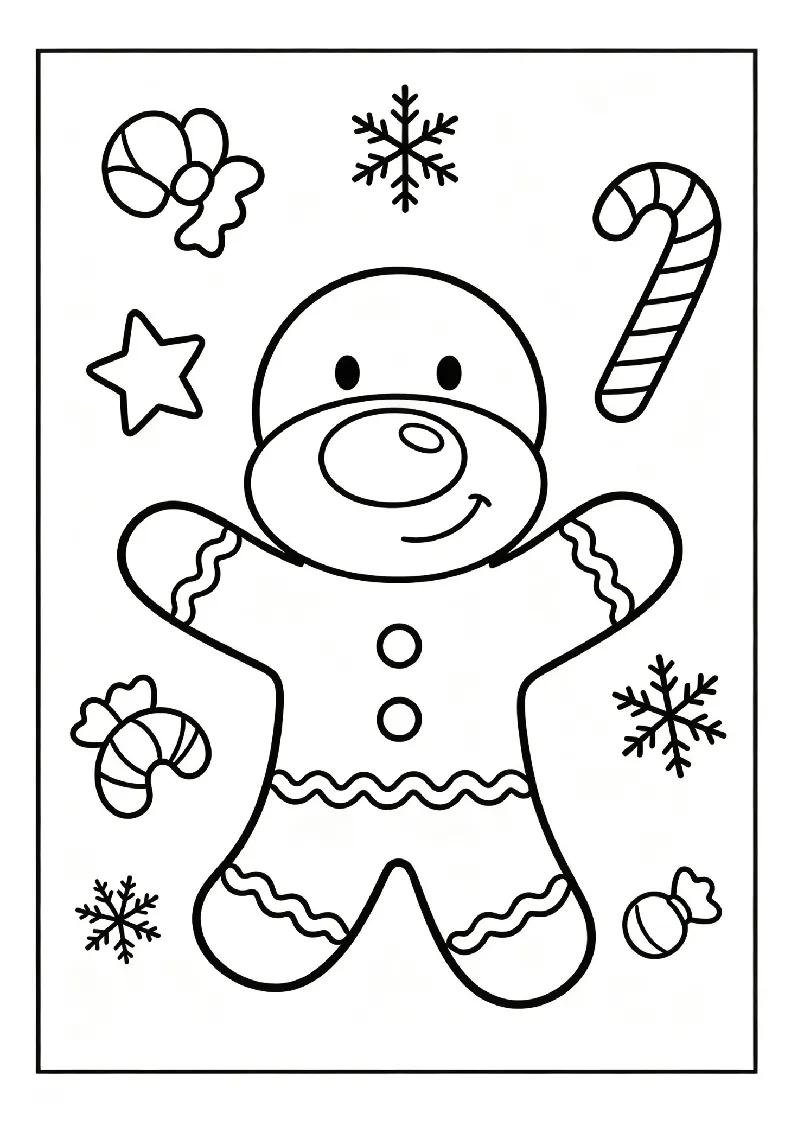 Friendly Gingerbread Man coloring page, black outline drawing ready to print