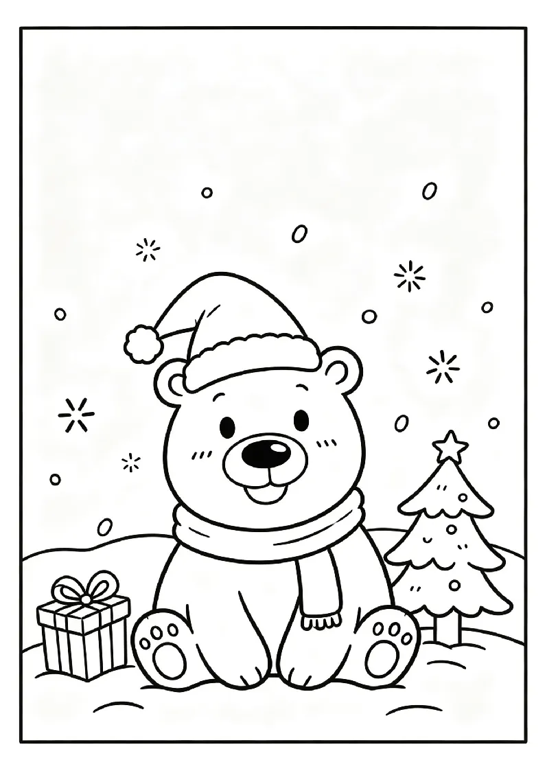 Friendly Christmas Polar Bear coloring page, black outline drawing ready to print