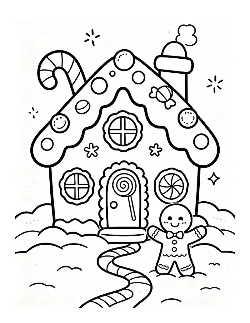 Gingerbread House With a Gingerbread Man coloring page, black outline drawing ready to print
