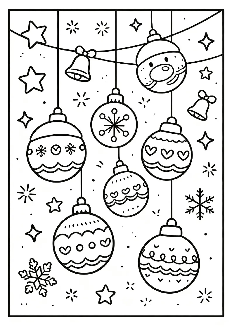 Hanging Christmas Ornaments coloring page, black outline drawing ready to print