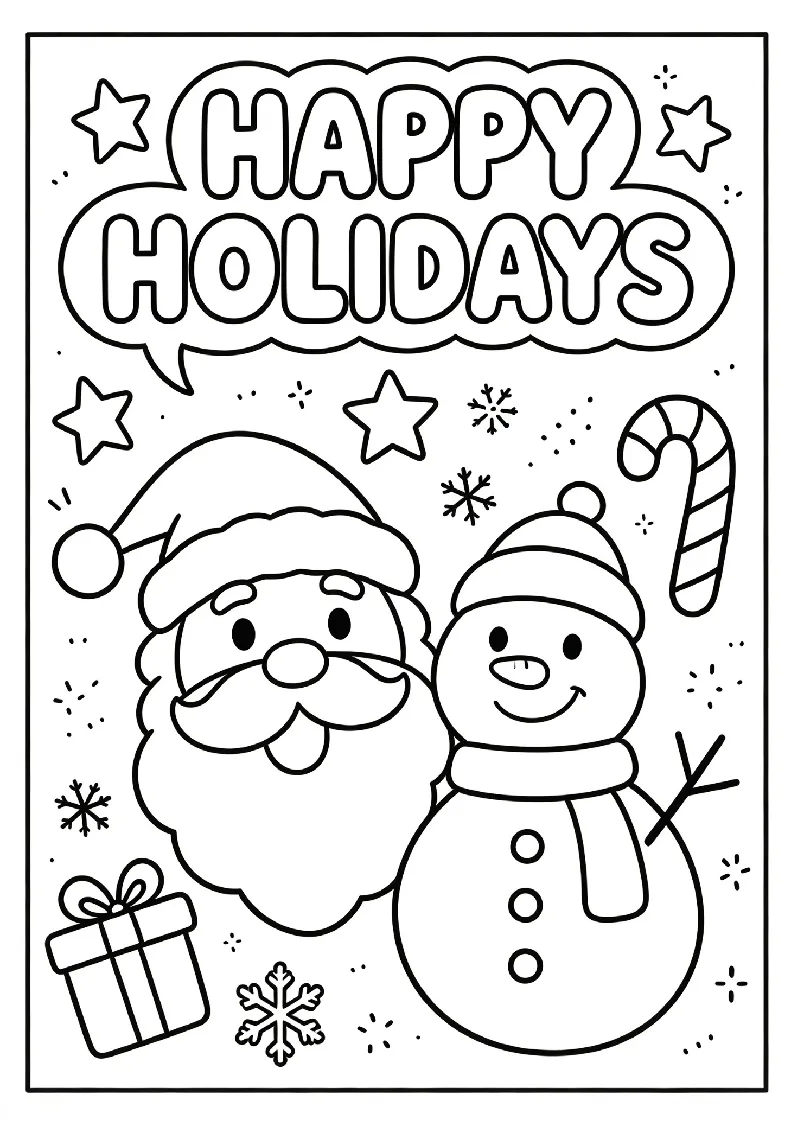 Happy Holidays Greeting coloring page, black outline drawing ready to print