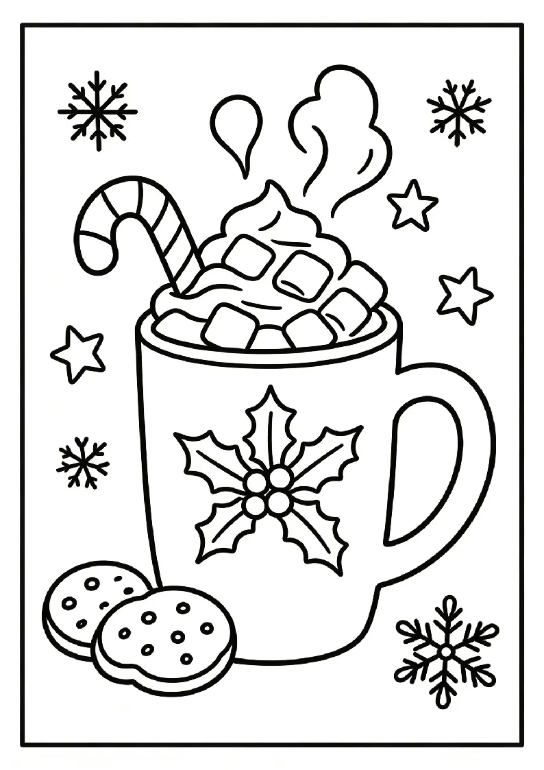 Cup of Hot Cocoa for Christmas coloring page, black outline drawing ready to print