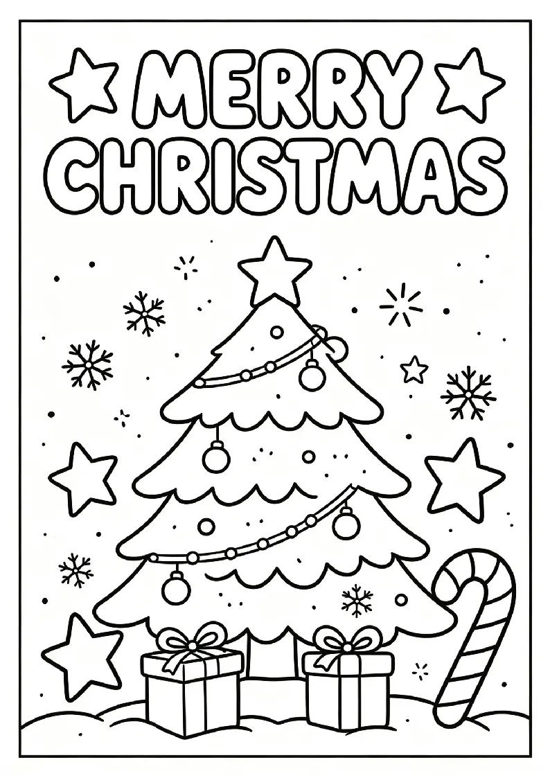 Merry Christmas Greeting With a Decorated Tree coloring page, black outline drawing ready to print