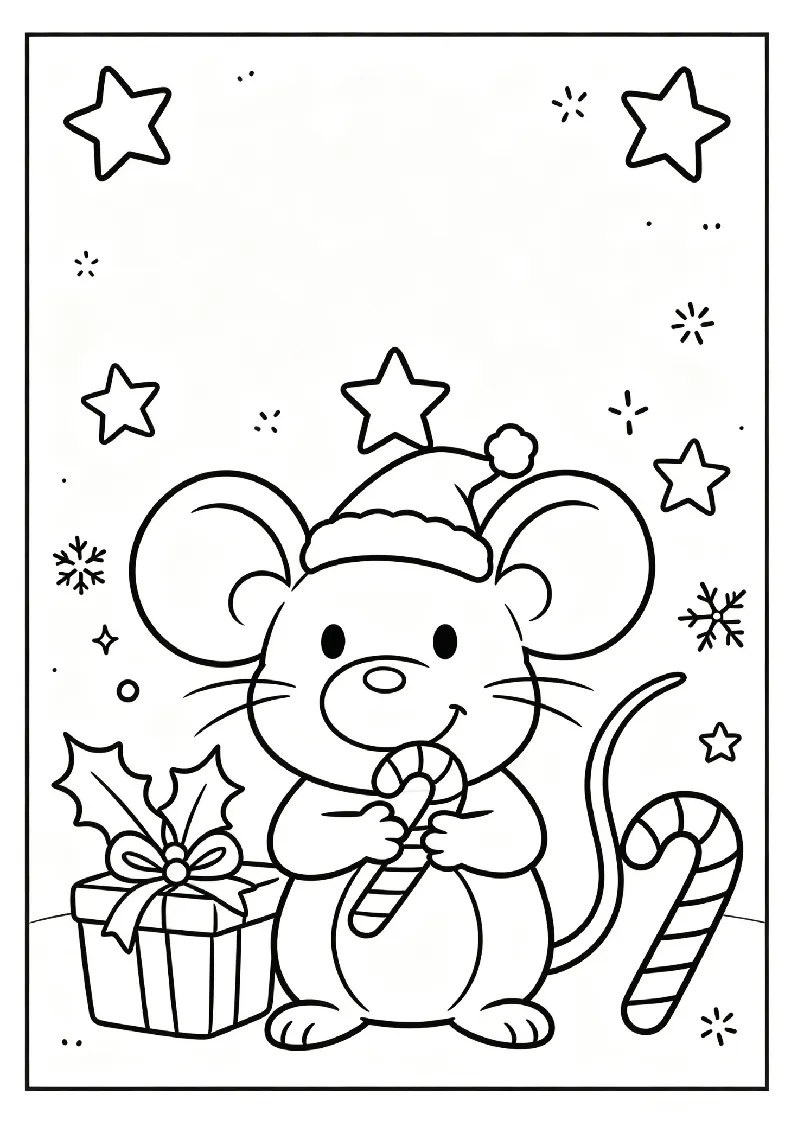 Little Mouse With a Piece of Candy coloring page, black outline drawing ready to print