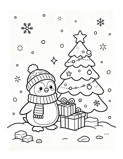 Cute Penguin in a Hat and Scarf With a Gift online coloring canvas