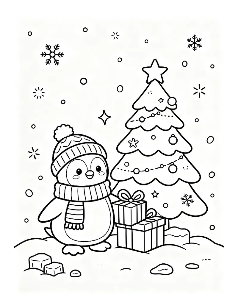 Cute Penguin in a Hat and Scarf With a Gift coloring page, black outline drawing ready to print