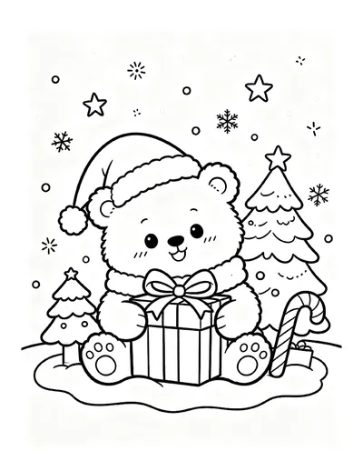 Polar Bear Cub in a Santa Hat Hugging a Gift online coloring canvas