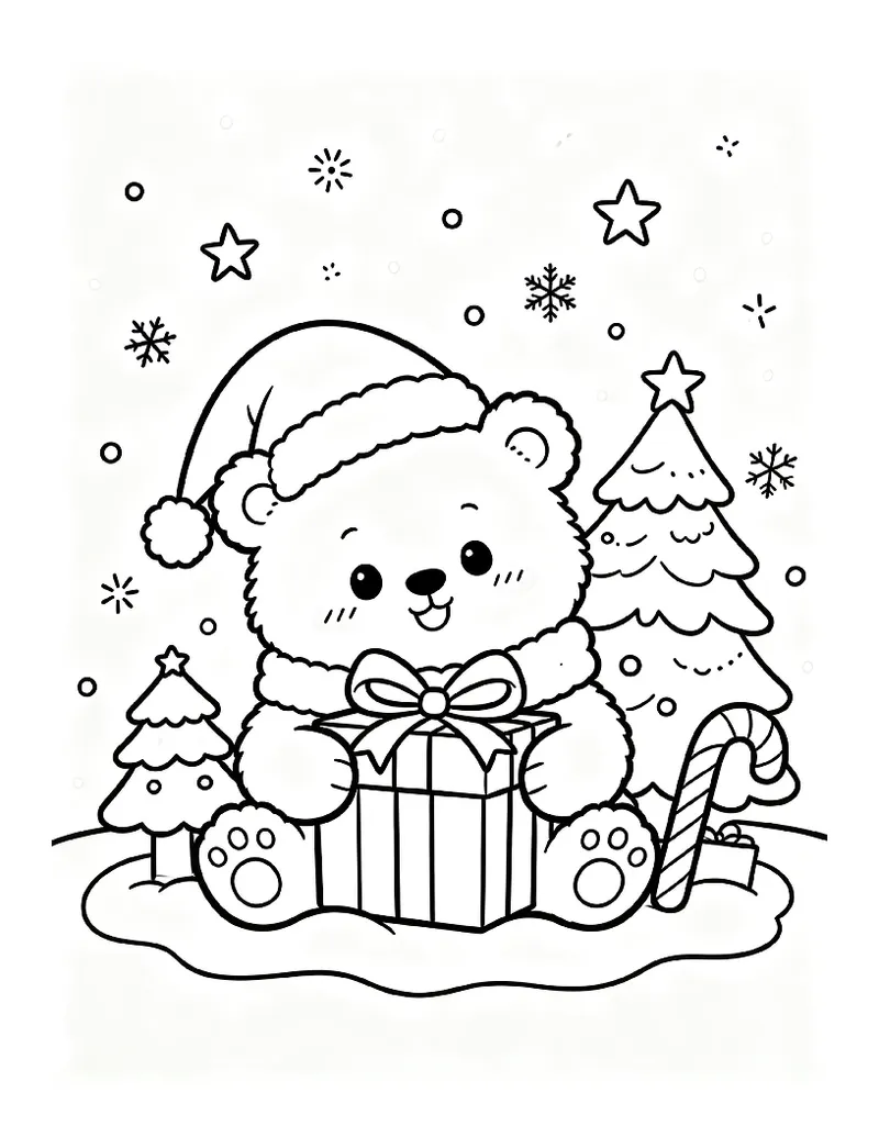 Polar Bear Cub in a Santa Hat Hugging a Gift coloring page, black outline drawing ready to print