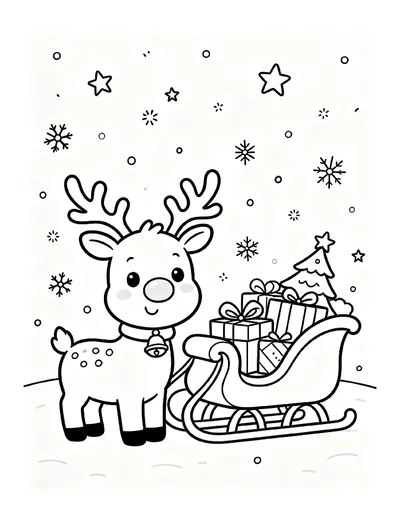 Reindeer With a Red Nose and a Sleigh Full of Gifts online coloring canvas