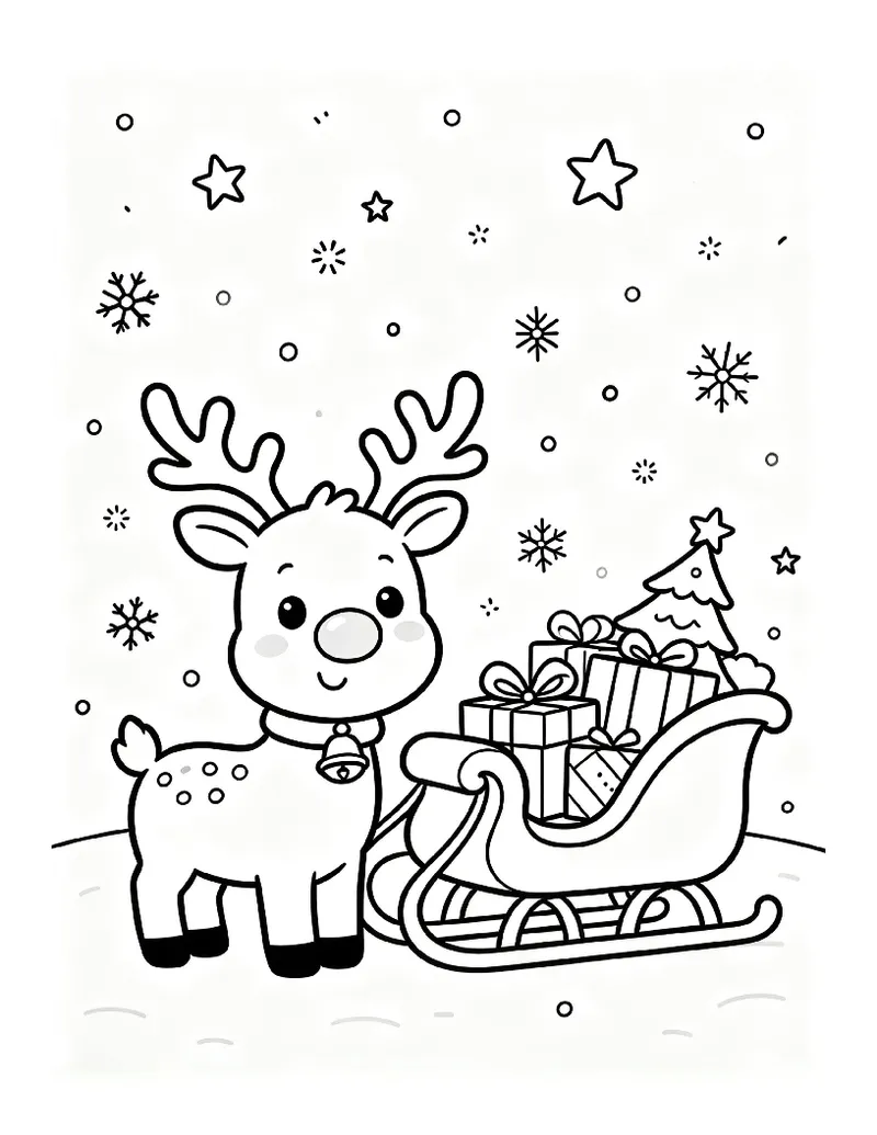 Reindeer With a Red Nose and a Sleigh Full of Gifts coloring page, black outline drawing ready to print