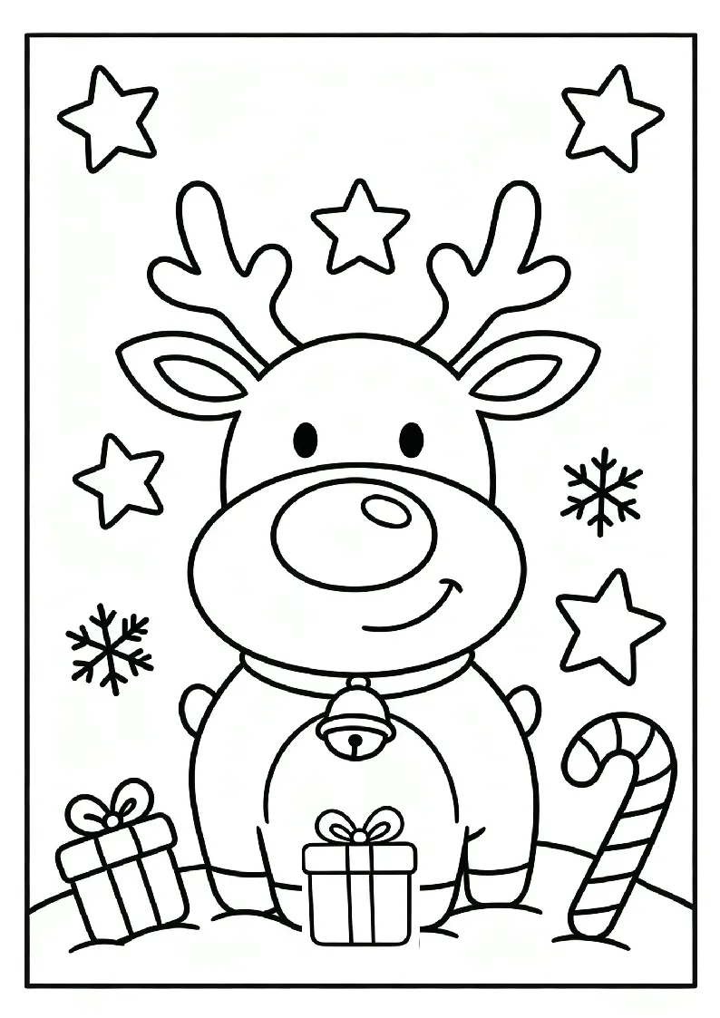 Reindeer Wearing a Bell coloring page, black outline drawing ready to print