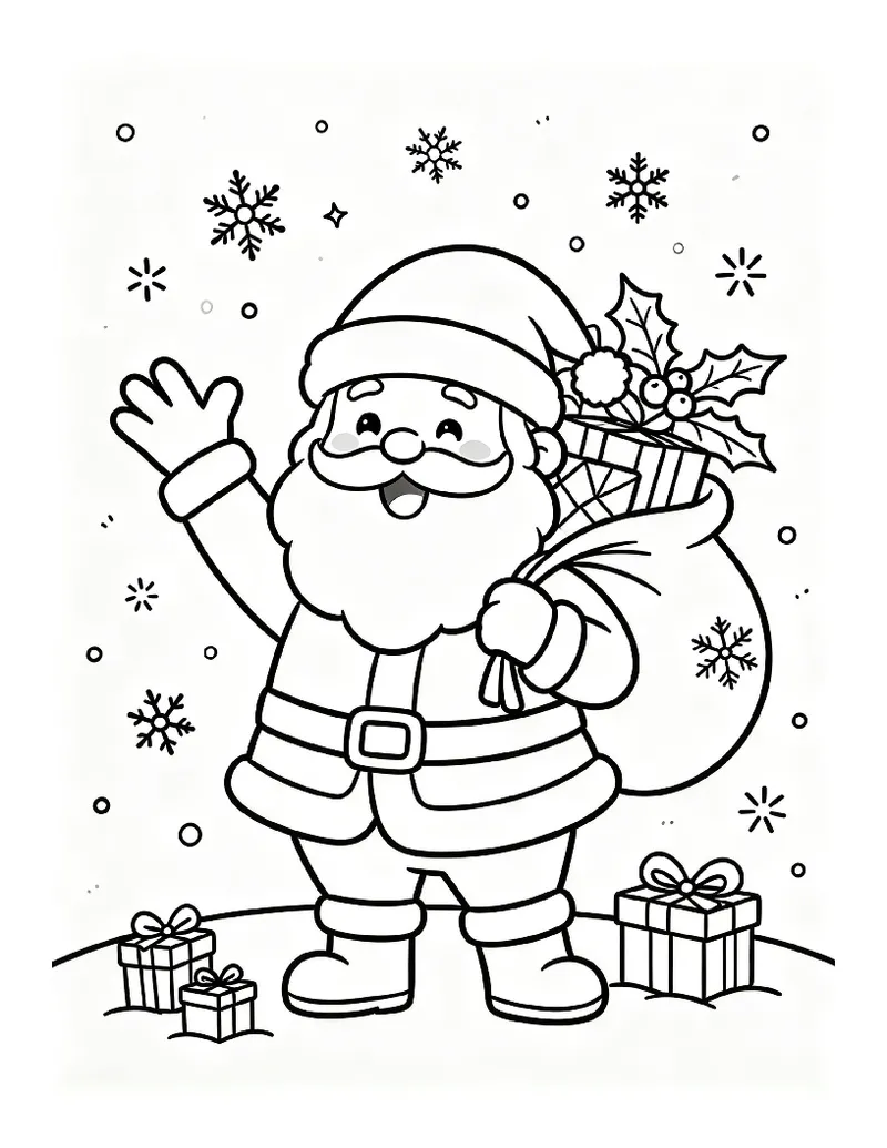 Santa Claus With His Gift Sack coloring page, black outline drawing ready to print