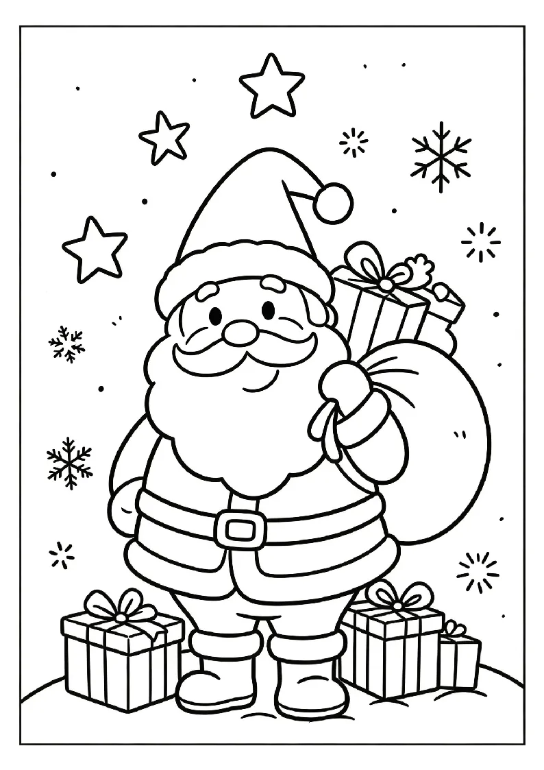 Santa Claus Carrying a Sack of Gifts coloring page, black outline drawing ready to print