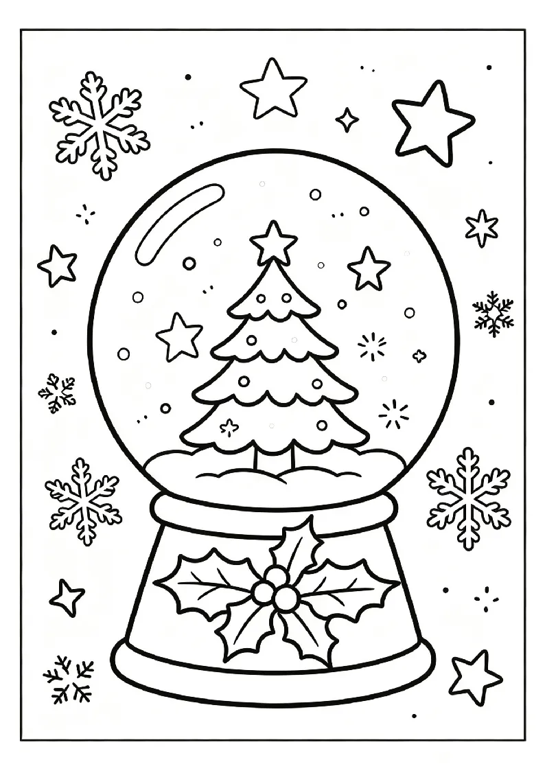 Christmas Snow Globe coloring page, black outline drawing ready to print