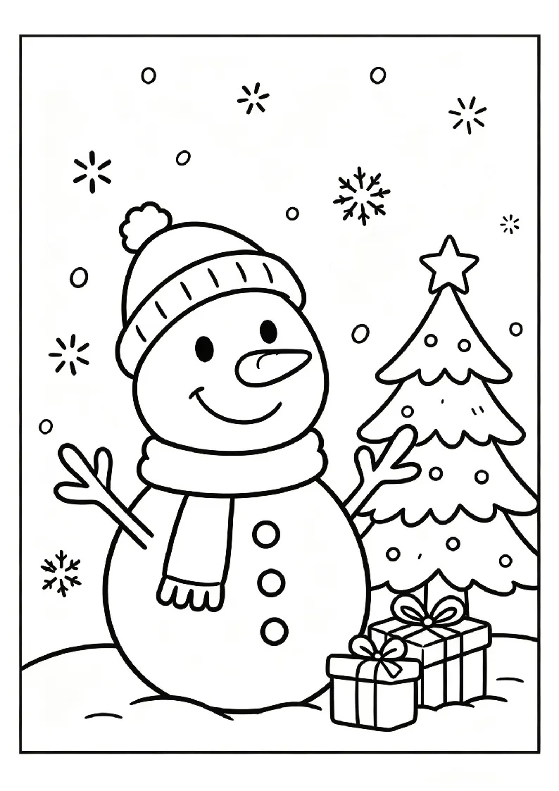 Snowman and a Little Christmas Tree coloring page, black outline drawing ready to print