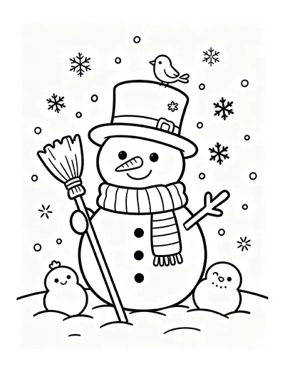 Happy Snowman With Scarf, Top Hat and Broom online coloring canvas
